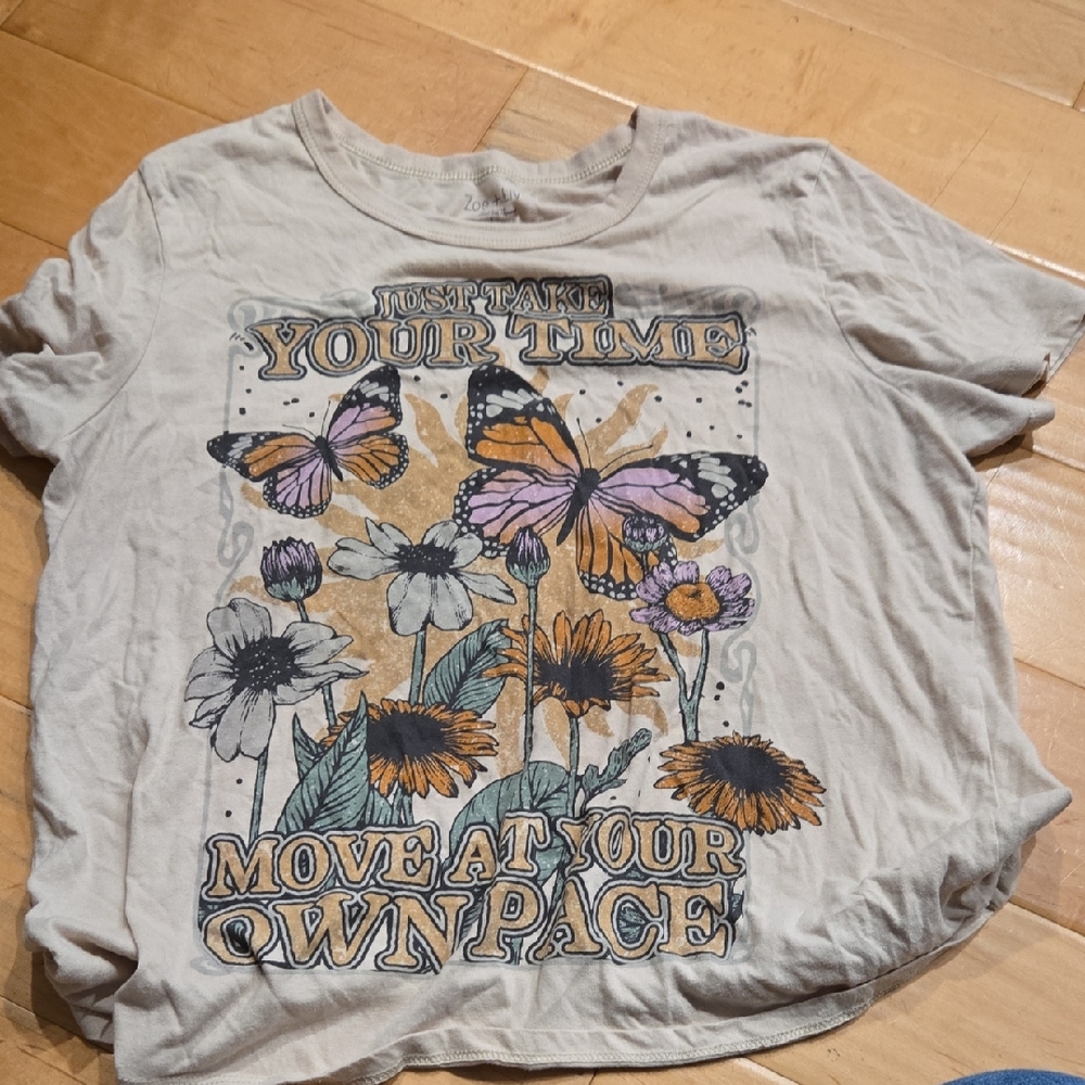Zoe + Liv Tan Graphic Tee with Butterfly and Floral Motif